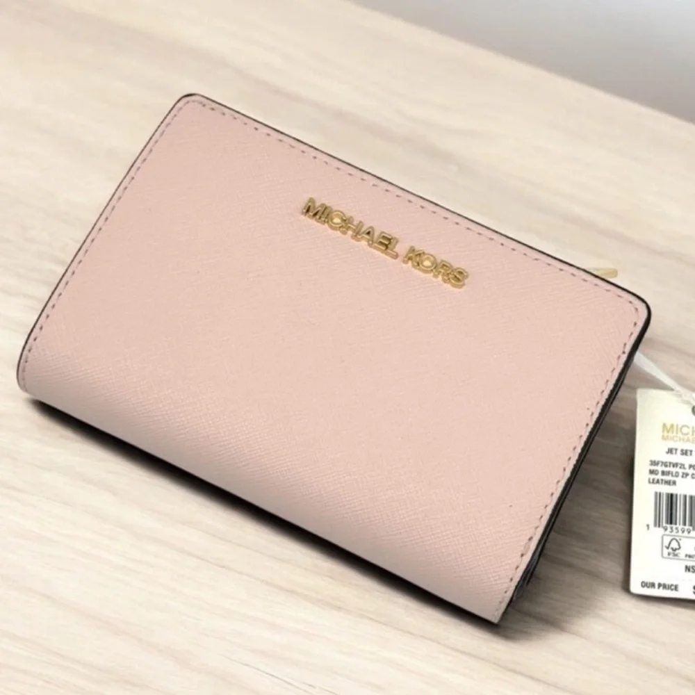 Michael Kors Medium Jet Set Travel Zip Chain Bifold Wallet Leather Powder Blush